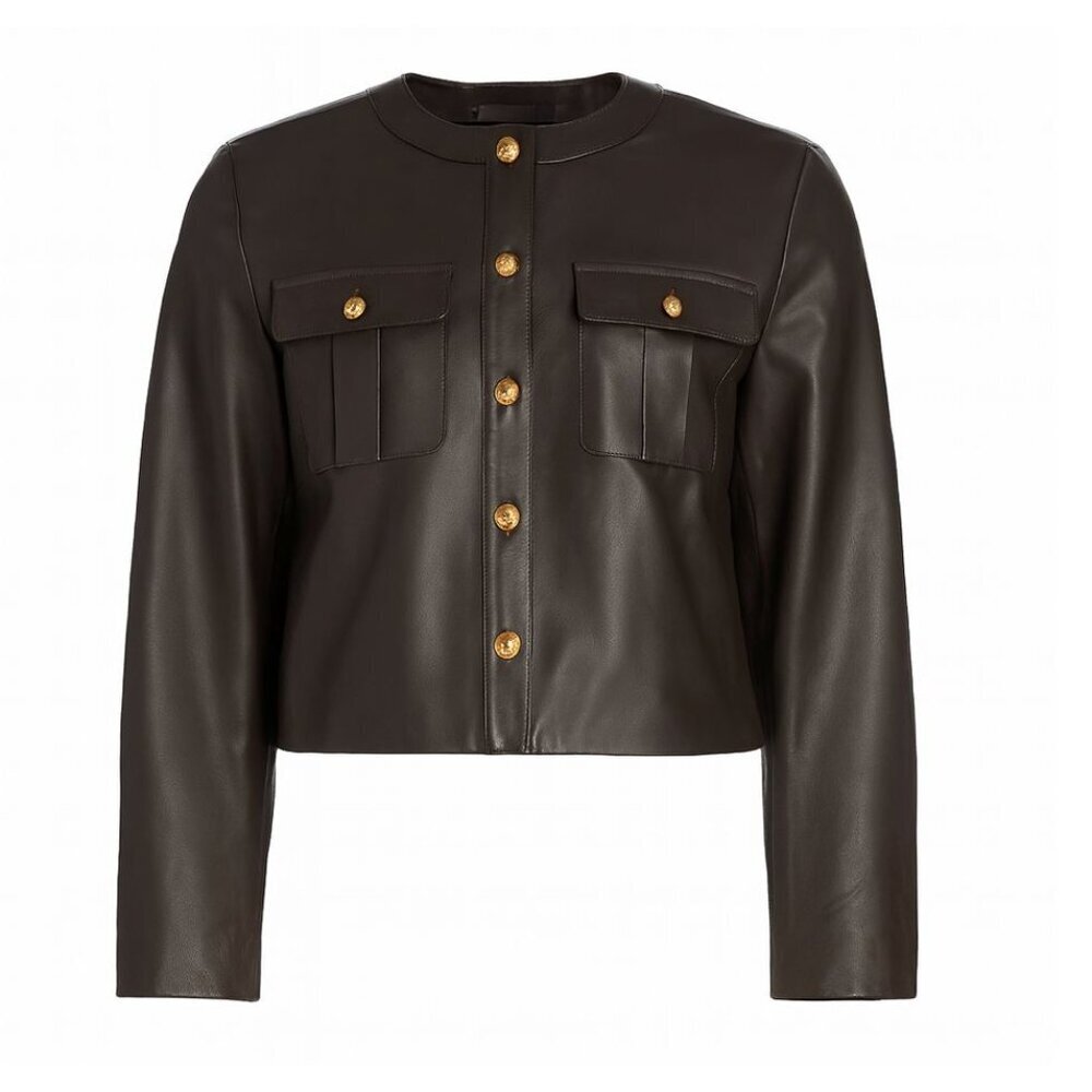 Nili Lotan Kitra Cropped Leather Jacket Brown Size Small Smooth Gold Buttons - Picture 9 of 9